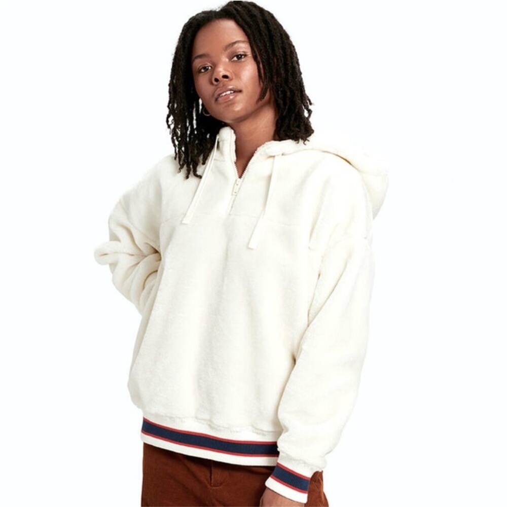 UGG White Fleece Outerwear/hoodie with blue and red trim.  Size Small